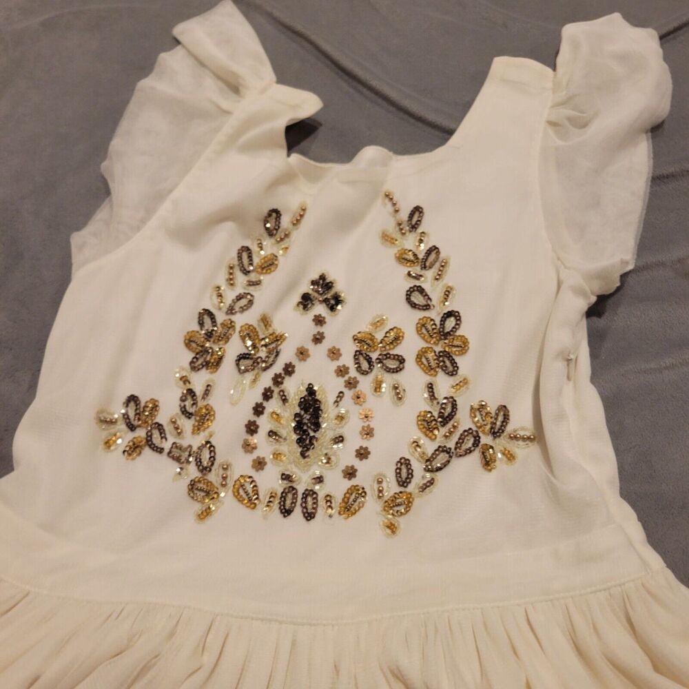 Mia Joy Girls Ivory Maxi Dress With Gold Embellished Bodice Flutter Sleeves & Fl - Picture 6 of 16